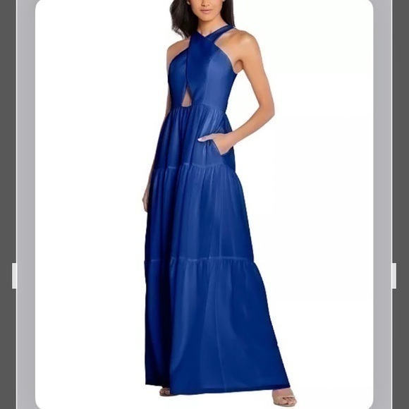 Aidan by Aidan Mattox Dresses & Skirts - AIDAN BY AIDAN MATTOX Crossover Halter Cutout Tiered Chiffon Gown in True Blue